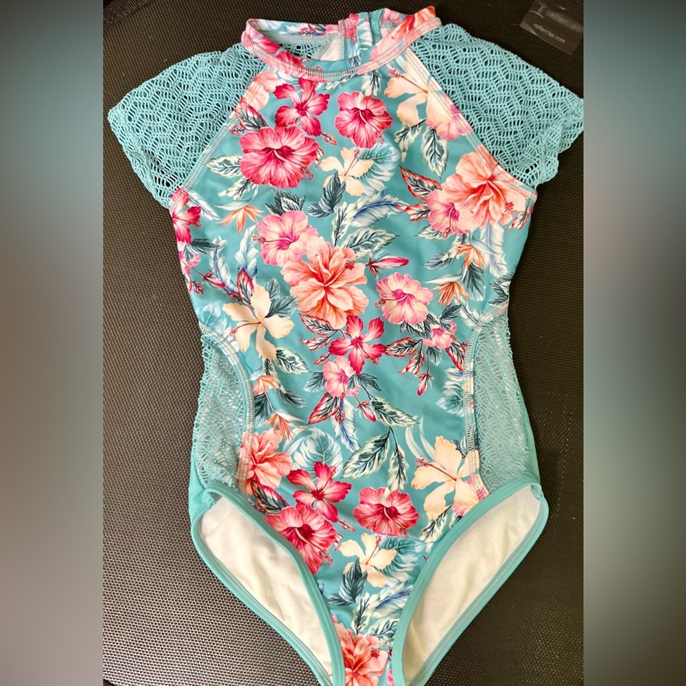 Floral Girls One-Piece Swimsuit with Lace Sleeves Sz 8